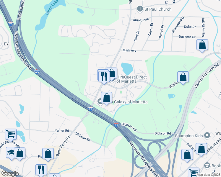 map of restaurants, bars, coffee shops, grocery stores, and more near 1758 Bridgestone Court in Marietta