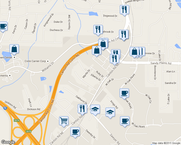 map of restaurants, bars, coffee shops, grocery stores, and more near 723 Elberta Dr in Marietta