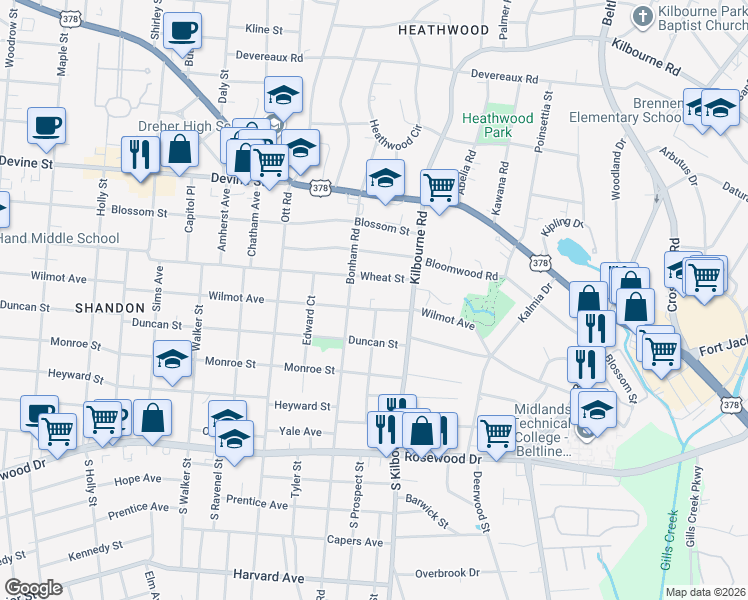 map of restaurants, bars, coffee shops, grocery stores, and more near 3621 S-40-157 in Columbia
