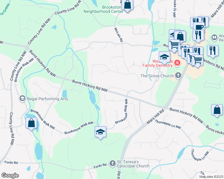 map of restaurants, bars, coffee shops, grocery stores, and more near 5713 Brynwood Circle in Acworth