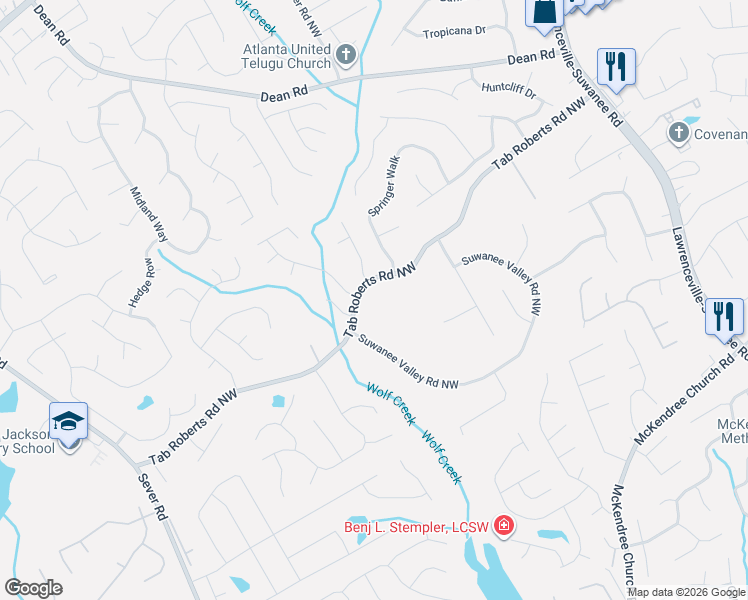 map of restaurants, bars, coffee shops, grocery stores, and more near 1736 Suwanee Valley Road Northwest in Lawrenceville
