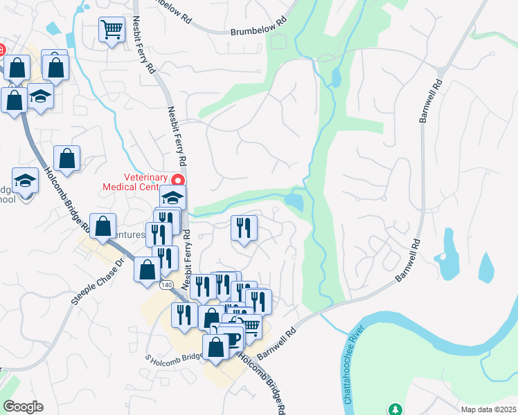 map of restaurants, bars, coffee shops, grocery stores, and more near 320 Colony Cove in Johns Creek