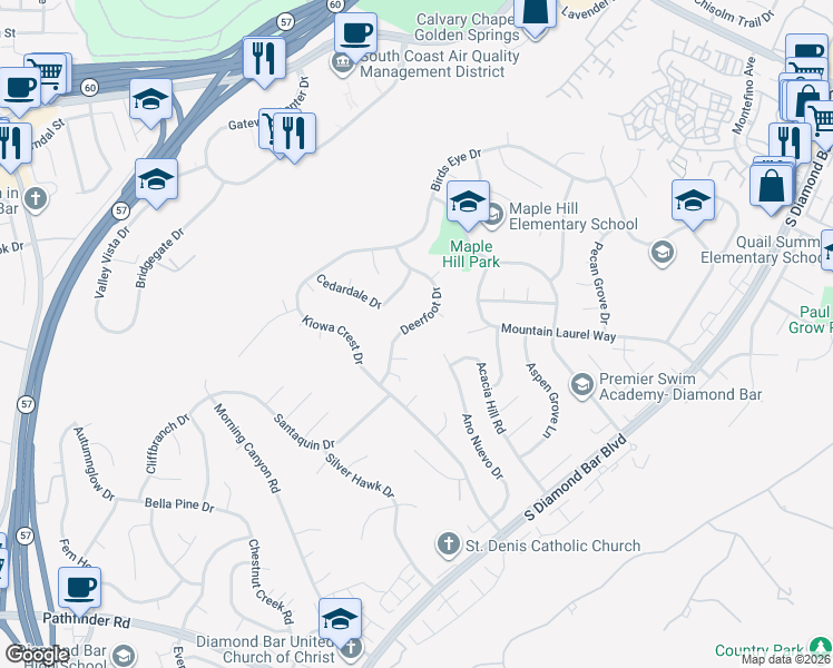 map of restaurants, bars, coffee shops, grocery stores, and more near 1522 Deerfoot Drive in Diamond Bar