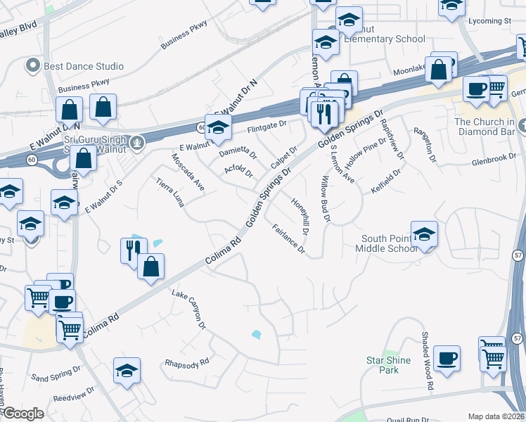 map of restaurants, bars, coffee shops, grocery stores, and more near 20411 Gernside Drive in Walnut