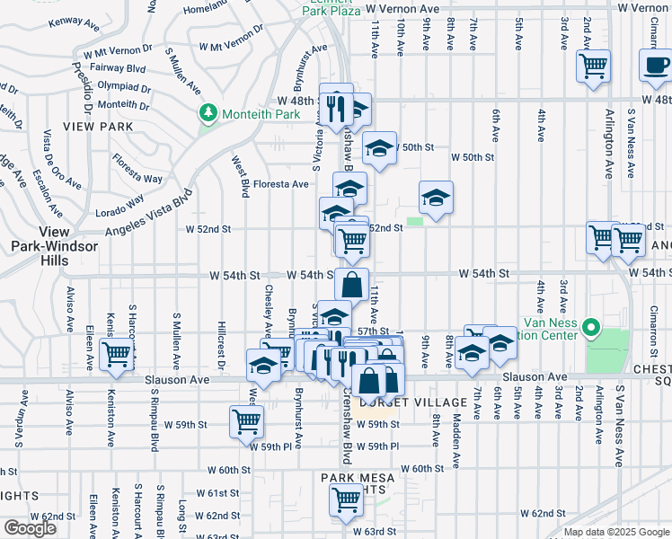map of restaurants, bars, coffee shops, grocery stores, and more near 5400 Crenshaw Boulevard in Los Angeles