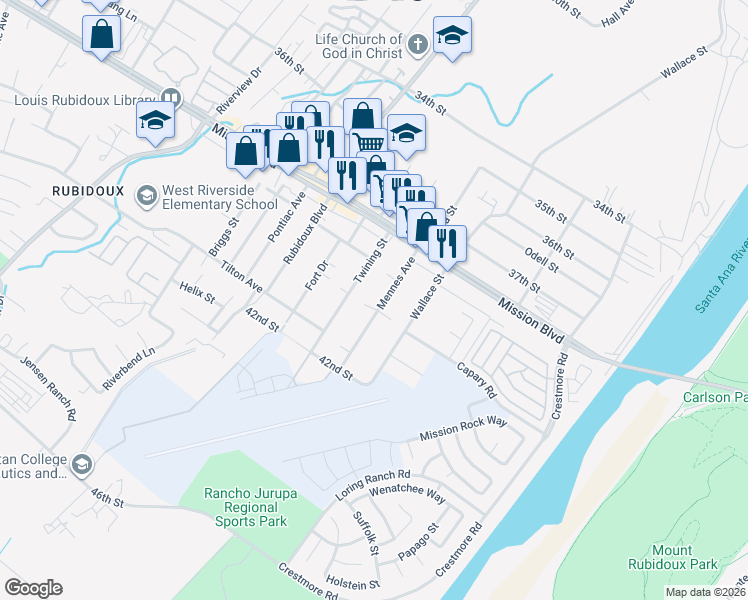 map of restaurants, bars, coffee shops, grocery stores, and more near 3970 Mennes Avenue in Riverside