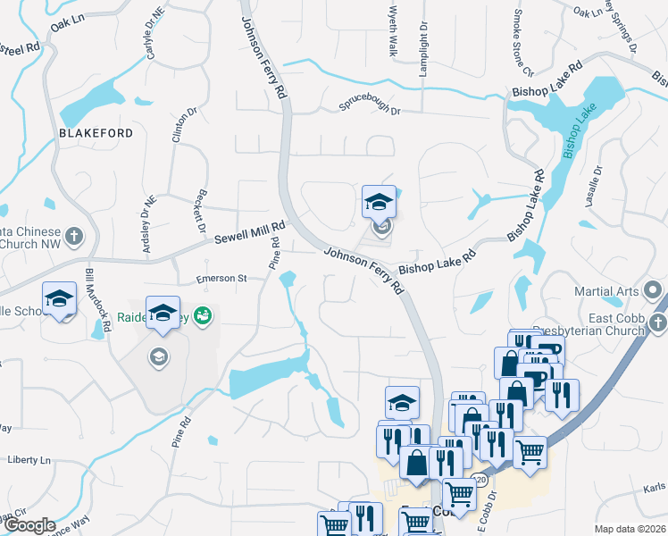 map of restaurants, bars, coffee shops, grocery stores, and more near 1806 Hunters Glen Northeast in Marietta