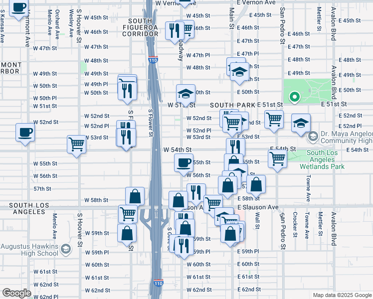 map of restaurants, bars, coffee shops, grocery stores, and more near 260 West 54th Street in Los Angeles