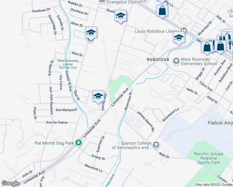 map of restaurants, bars, coffee shops, grocery stores, and more near 5941 Limonite Avenue in Riverside