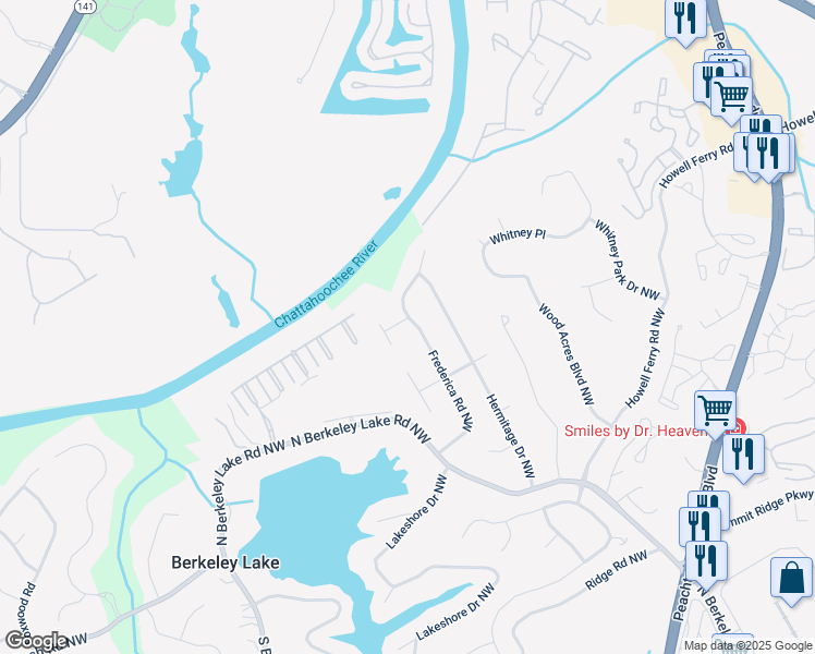 map of restaurants, bars, coffee shops, grocery stores, and more near 3762 Frederica Road Northwest in Berkeley Lake