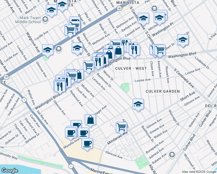 map of restaurants, bars, coffee shops, grocery stores, and more near 4109 Lyceum Avenue in Los Angeles