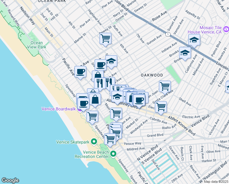 map of restaurants, bars, coffee shops, grocery stores, and more near 318 Brooks Avenue in Los Angeles