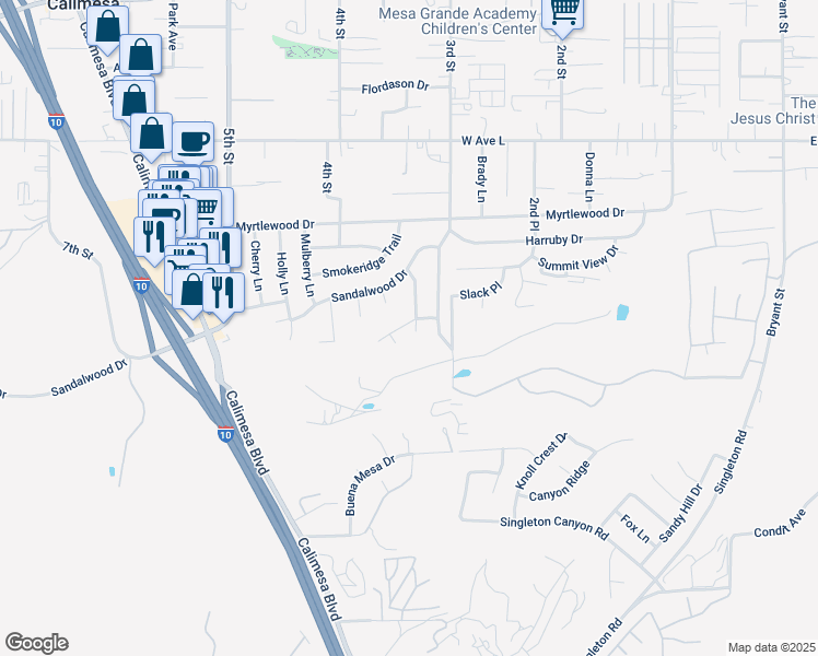 map of restaurants, bars, coffee shops, grocery stores, and more near 1270 Belle Road in Calimesa