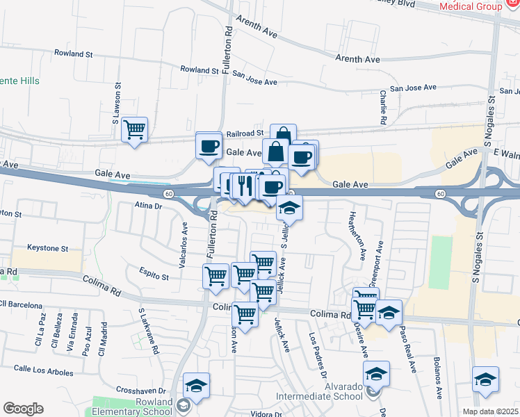 map of restaurants, bars, coffee shops, grocery stores, and more near 1370 Fullerton Road in Rowland Heights