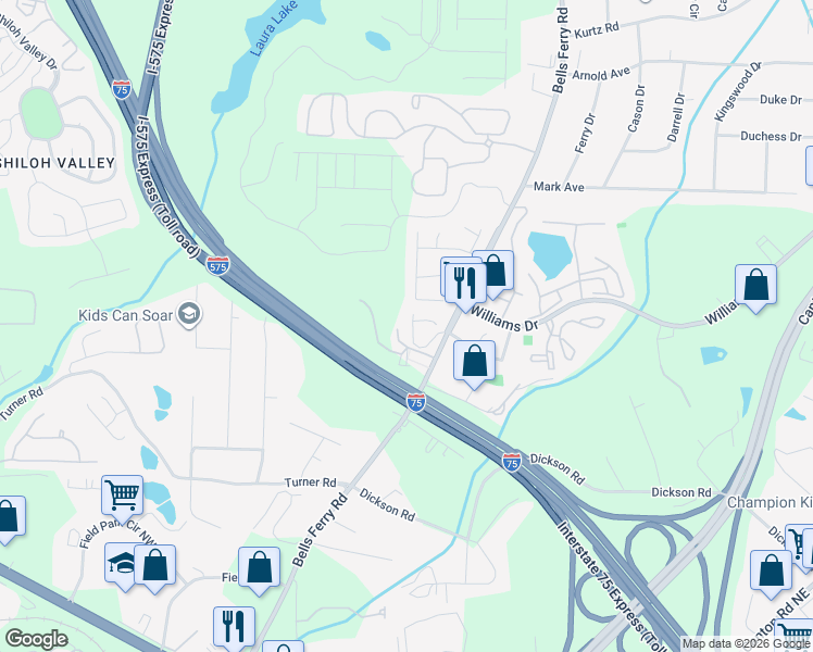 map of restaurants, bars, coffee shops, grocery stores, and more near 1359 Vayda Court in Marietta