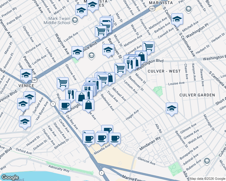 map of restaurants, bars, coffee shops, grocery stores, and more near 4025 Michael Avenue in Los Angeles