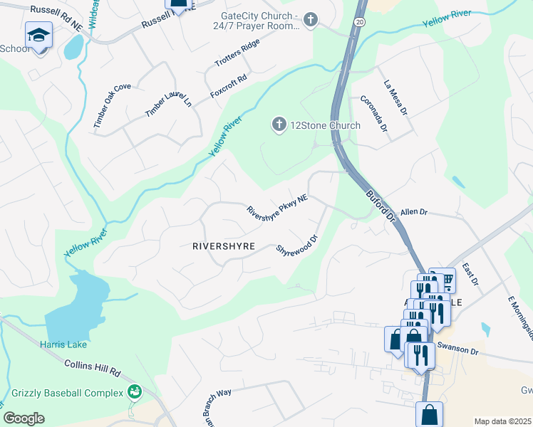 map of restaurants, bars, coffee shops, grocery stores, and more near 1285 Rivershyre Parkway Northeast in Lawrenceville