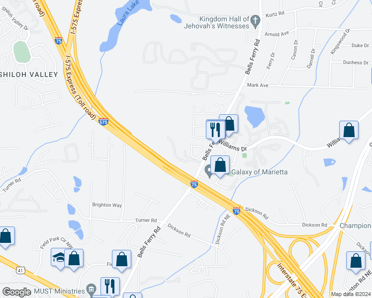 map of restaurants, bars, coffee shops, grocery stores, and more near 1691 Bells Ferry Road in Marietta
