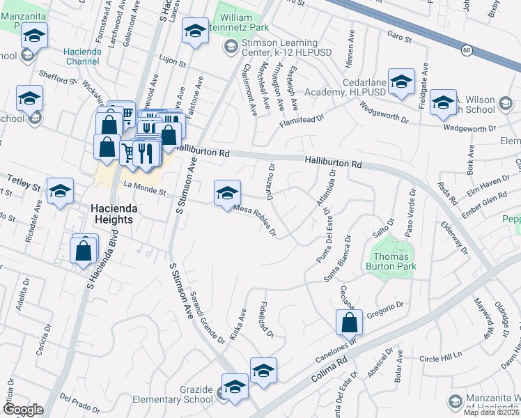 map of restaurants, bars, coffee shops, grocery stores, and more near 16109 Mesa Robles Drive in Hacienda Heights