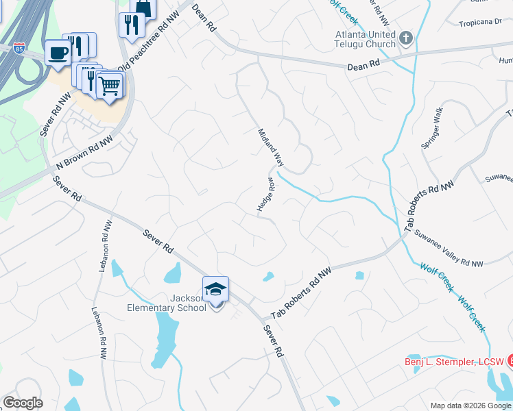 map of restaurants, bars, coffee shops, grocery stores, and more near 2010 Hedge Row in Lawrenceville