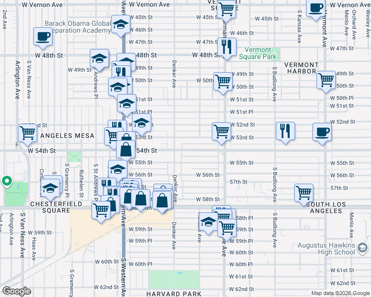 map of restaurants, bars, coffee shops, grocery stores, and more near 1532 West 54th Street in Los Angeles
