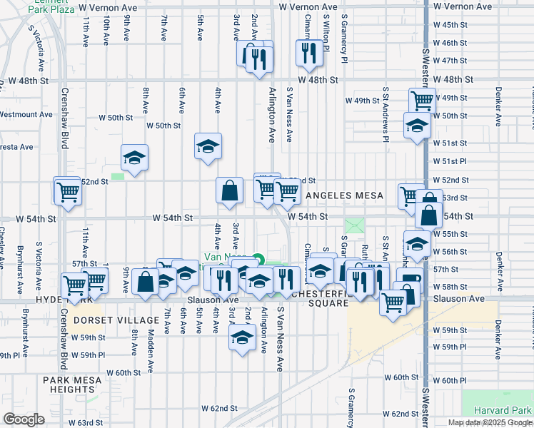 map of restaurants, bars, coffee shops, grocery stores, and more near 2307 West 54th Street in Los Angeles