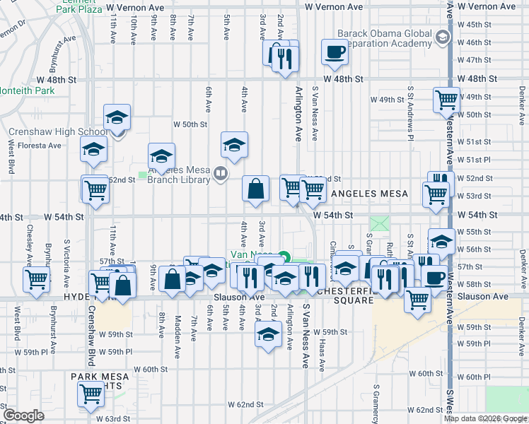 map of restaurants, bars, coffee shops, grocery stores, and more near 2418 West 54th Street in Los Angeles