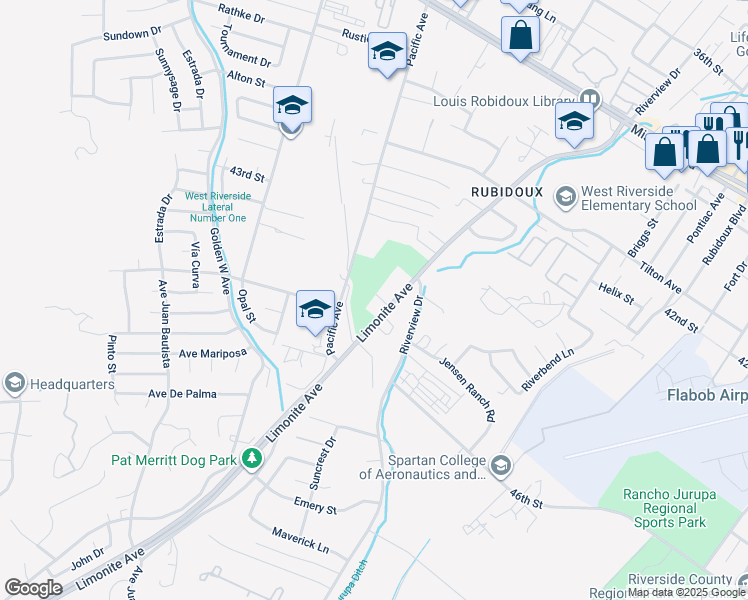 map of restaurants, bars, coffee shops, grocery stores, and more near 5941 Limonite Avenue in Riverside