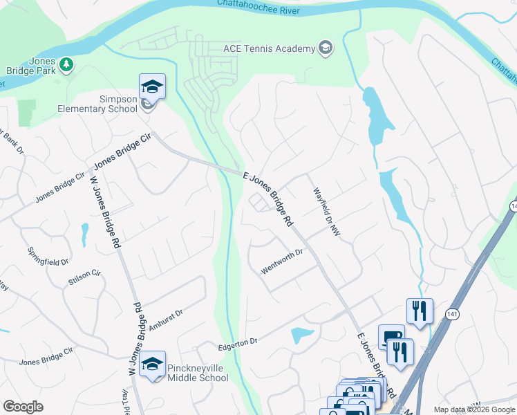 map of restaurants, bars, coffee shops, grocery stores, and more near 5153 Creek Walk Circle Northwest in Norcross