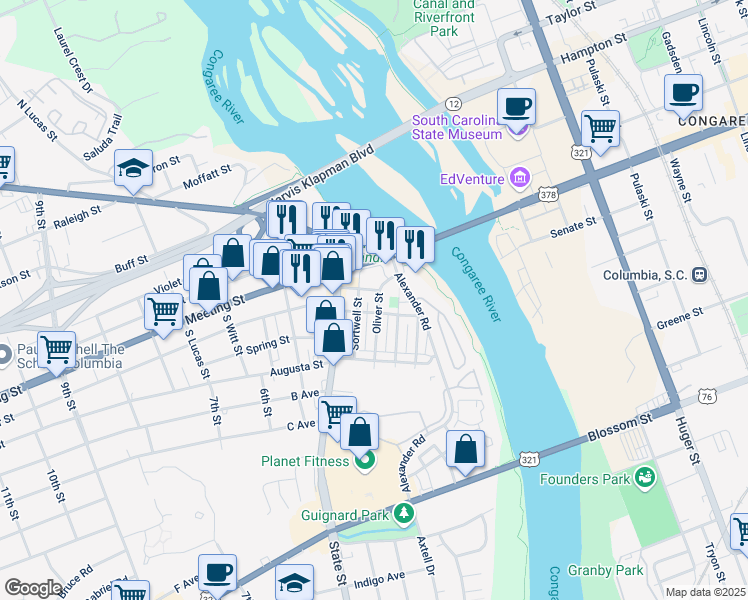 map of restaurants, bars, coffee shops, grocery stores, and more near 213 Oliver Street in West Columbia