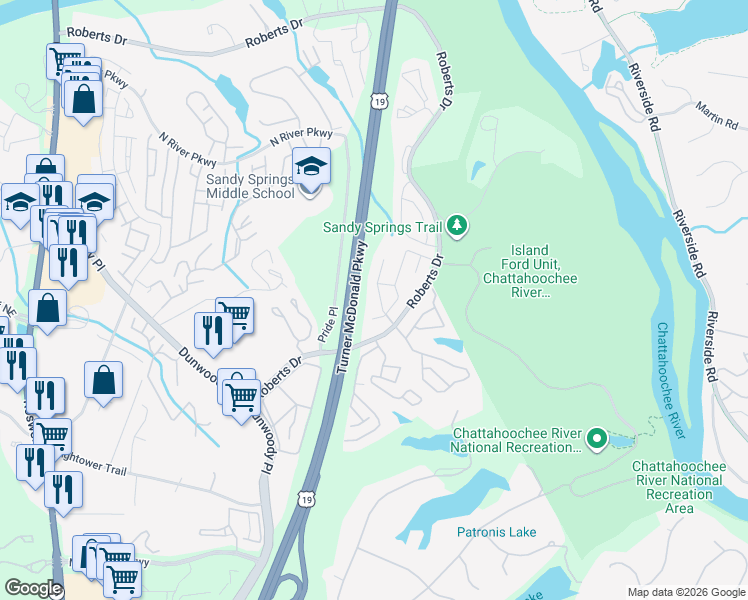 map of restaurants, bars, coffee shops, grocery stores, and more near 8601 Roberts Drive in Sandy Springs