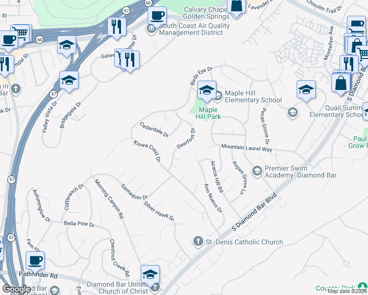 map of restaurants, bars, coffee shops, grocery stores, and more near 1522 Deerfoot Drive in Diamond Bar