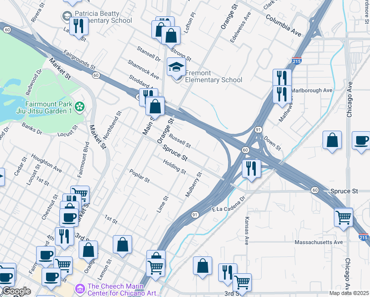 map of restaurants, bars, coffee shops, grocery stores, and more near 3448 Russell Street in Riverside