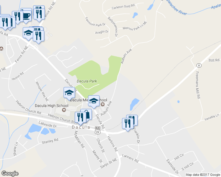 map of restaurants, bars, coffee shops, grocery stores, and more near 2663 Auburn Avenue in Dacula