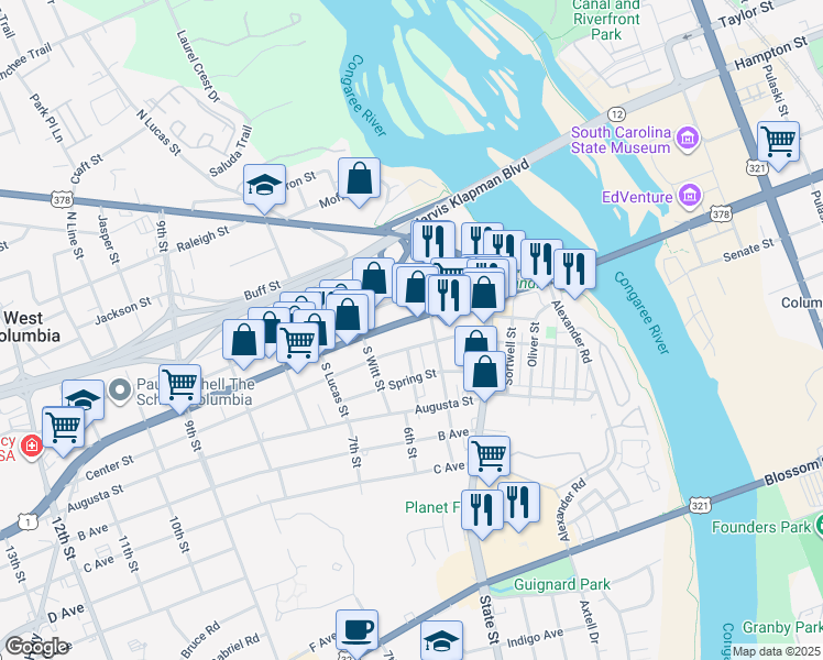 map of restaurants, bars, coffee shops, grocery stores, and more near 512 Center Street in West Columbia