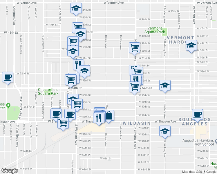 map of restaurants, bars, coffee shops, grocery stores, and more near 1549 West 54th Street in Los Angeles