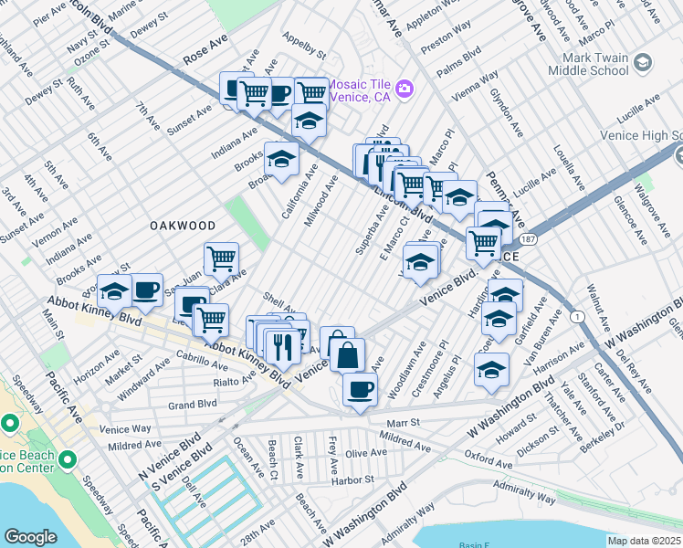 map of restaurants, bars, coffee shops, grocery stores, and more near 807 Superba Avenue in Los Angeles