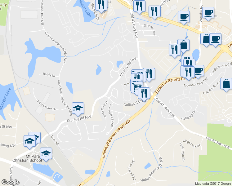 map of restaurants, bars, coffee shops, grocery stores, and more near 1743 Heights Cir NW in Kennesaw