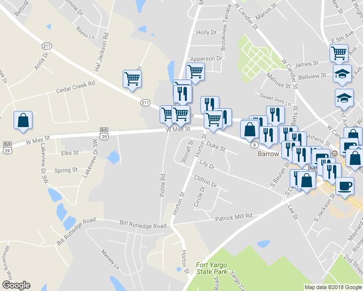 map of restaurants, bars, coffee shops, grocery stores, and more near 38 Marion Lay Street in Winder