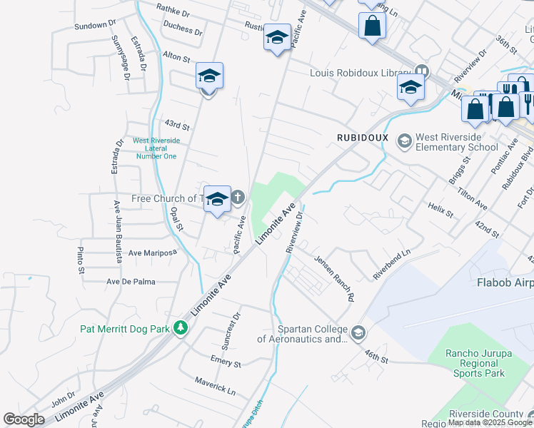 map of restaurants, bars, coffee shops, grocery stores, and more near 5943 Limonite Avenue in Riverside