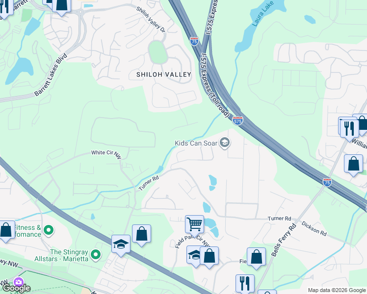 map of restaurants, bars, coffee shops, grocery stores, and more near 1530 Shiloh Manor Court in Marietta