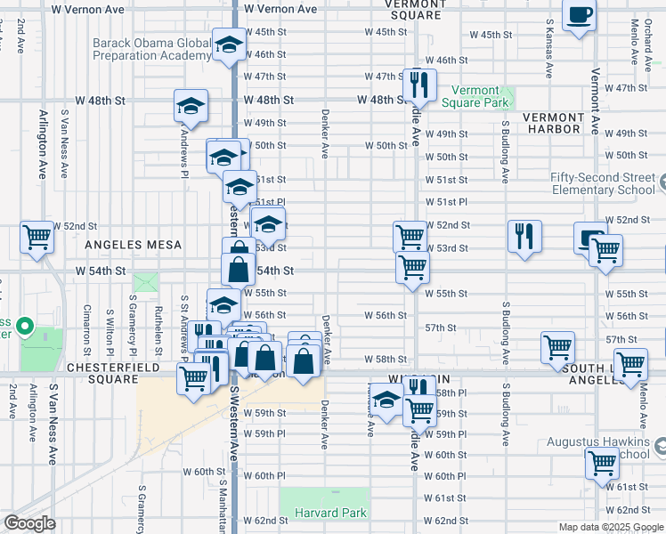map of restaurants, bars, coffee shops, grocery stores, and more near 1549 West 54th Street in Los Angeles