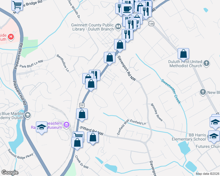 map of restaurants, bars, coffee shops, grocery stores, and more near 3280 Ennfield Lane in Duluth