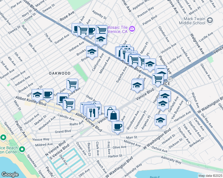 map of restaurants, bars, coffee shops, grocery stores, and more near 807 Superba Avenue in Los Angeles