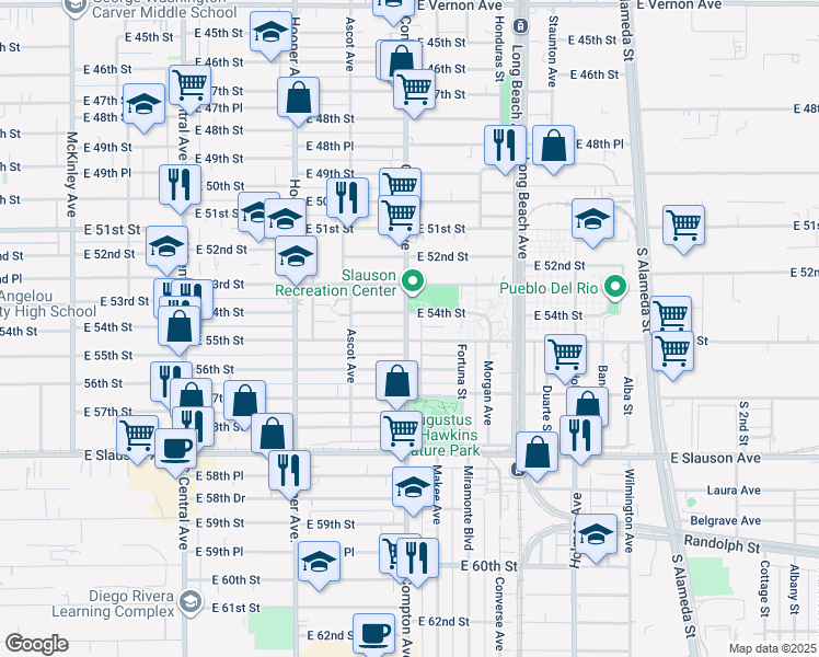map of restaurants, bars, coffee shops, grocery stores, and more near 54181/2 Compton Avenue in Los Angeles