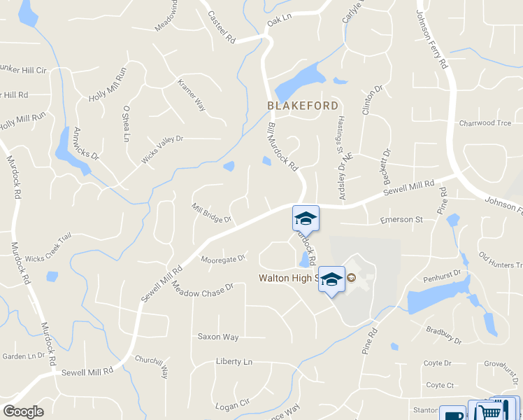 map of restaurants, bars, coffee shops, grocery stores, and more near 3605 Sewell Mill Road in Marietta