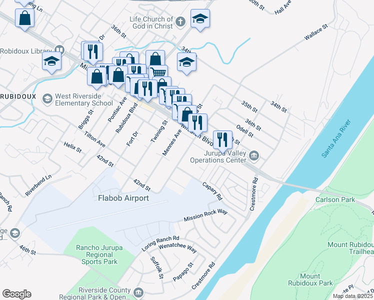 map of restaurants, bars, coffee shops, grocery stores, and more near 3925 Wallace Street in Riverside