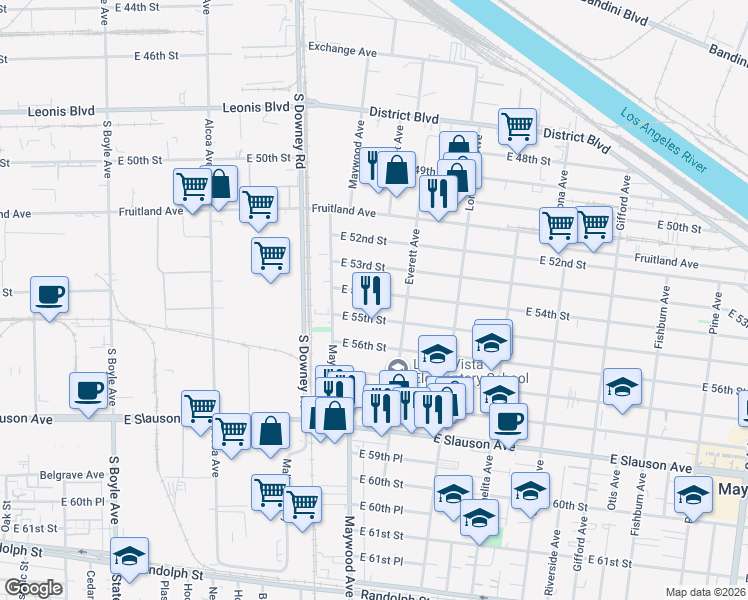 map of restaurants, bars, coffee shops, grocery stores, and more near 3557 East 55th Street in Maywood