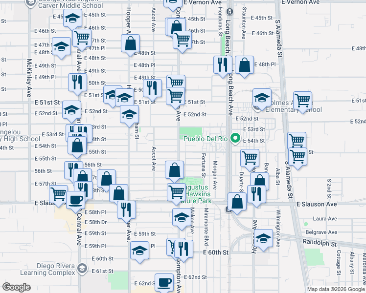 map of restaurants, bars, coffee shops, grocery stores, and more near 5501 Compton Avenue in Los Angeles