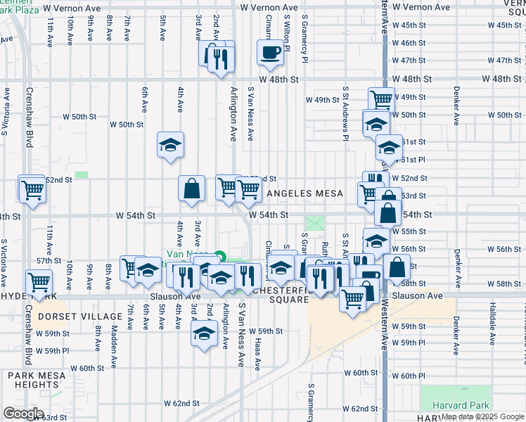 map of restaurants, bars, coffee shops, grocery stores, and more near 2134 West 54th Street in Los Angeles